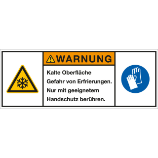 Produktsicherheitsschild: WARNUNG - Kalte Oberfläche - Gefahr von Erfrierungen […], RoHS konform, Folie selbstklebend