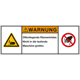 Produktsicherheitsschild: WARNUNG - Offenliegende Riemenbetriebe - Nicht in die […], RoHS konform, Folie selbstklebend