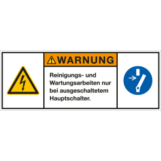 Produktsicherheitsschild: WARNUNG - Reinigungs- und Wartungsarbeiten nur bei […], RoHS konform, Folie selbstklebend