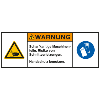 Produktsicherheitsschild: WARNUNG - Scharfkantige Maschinenteile - Risiko von [...], RoHS konform, Folie selbstklebend, versch. Größen