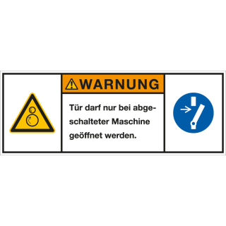 Produktsicherheitsschild: WARNUNG - Tür darf nur bei abgeschalteter Maschine [...], RoHS konform, Folie selbstklebend