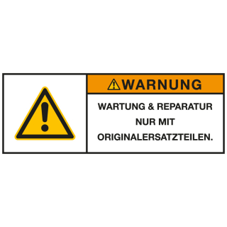 
Produktsicherheitsschild: WARNUNG - WARTUNG & REPARATUR NUR MIT [...], RoHS konform, Folie selbstklebend, 100 x 35 mm, 1 Stück
