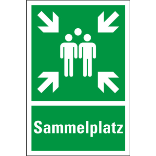 Rettungszeichen-Kombischild: Sammelplatz, Piktogramm Sammelstelle und Text, ASR/ISO