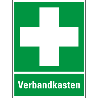 Rettungszeichen-Kombischild: Verbandkasten, Piktogramm und Text, ASR/ISO oder praxisbewährt, Kunststoff oder Folie, zwei Größen, nur als Einzelstück