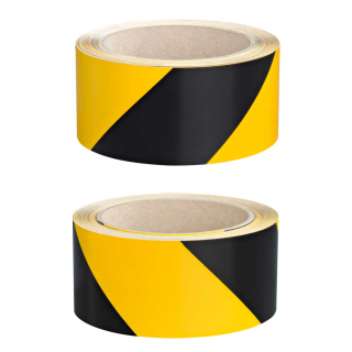 Set Warnmarkierungsband rechts- und linksweisend, zwei Farben, ASR A1.3, Folie mit Oberflächenschutz und Trägerpapier selbstklebend, verschiedene Größen, 2 Rollen / VE