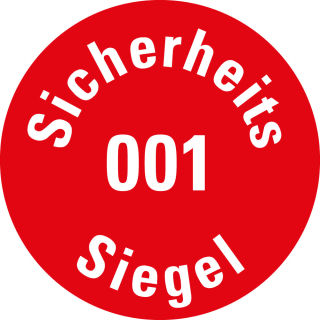 Sicherheitssiegel mit Text und fortlaufender Zahl von 001 - 500, rot
