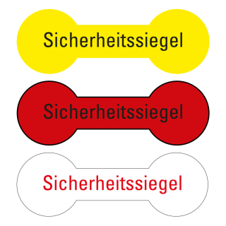 Sicherheitssiegel mit Text, gelb, rot oder weiß