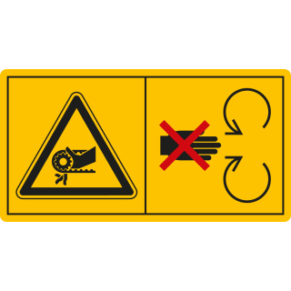 Sicherheitszeichen: Schutzeinrichtungen bei laufendem Motor nicht öffnen [...] (C.2.12), gelb-schwarz, Folie selbstklebend