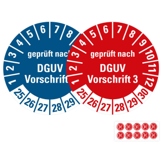 Produkt Hauptbild von Prüfplakette geprüft nach DGUV Vorschrift 3, 25 - 30, rot oder blau, verschiedene Materialien, Ø 20 oder 30 mm