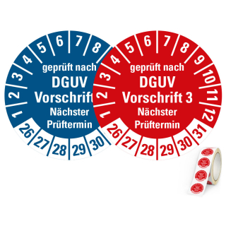 Hauptbild Prüfplakette geprüft nach DGUV Vorschrift 3 Nächster Prüftermin, 26 - 31, rot oder blau, Ø 20 oder 30 mm, Rolle/Spender