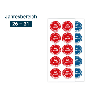 Produkt Hauptbild von Prüfplakette UVV geprüft, 26 - 31, rot oder blau, Folie selbstklebend, Ø 20 oder 30 mm
