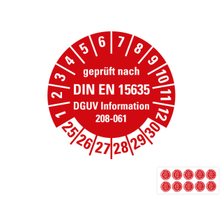 Hauptbild Prüfplakette geprüft nach DIN EN 15635, DGUV Information 208-061, rot, Folie mit Spezialkleber, versch. Jahreszahlen, Ø 30 mm, 10 St./Bogen