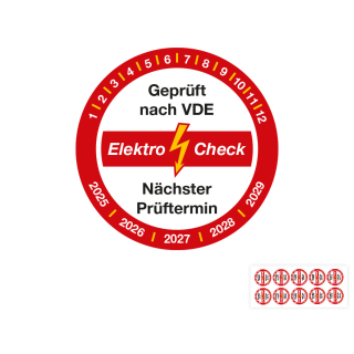 Produkt Hauptbild von Prüfplakette Geprüft nach VDE Elektro Check Nächster Prüftermin, weiß-rot, Folie mit Spezialkleber, versch. Jahreszahlen oder 40 mm