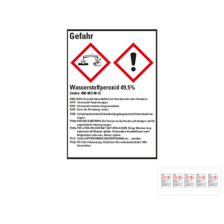 Gefahrstoffkennzeichen: Wasserstoffperoxid 49,5%, 2 GHS Symbole mit Text, Folie selbstklebend, versch. Größen