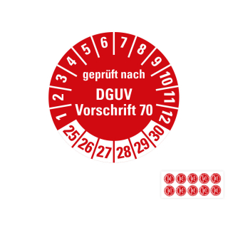 Hauptbild Prüfplakette geprüft nach DGUV Vorschrift 70, rot, Folie mit Spezialkleber, versch. Jahreszahlen, Ø 30 mm, angestanzt aut Bogen