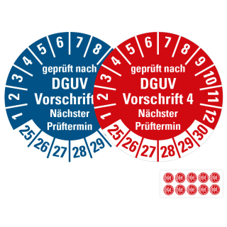Produkt Hauptbild von Prüfplakette geprüft nach DGUV Vorschrift 4 Nächster Prüftermin, rot oder blau, Folie mit Spezialkleber, versch. Jahreszahlen