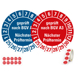 Produkt Hauptbild von 6-Jahres-Prüfplakette geprüft nach BGV A3 Nächster Prüftermin, rot oder blau, Folie mit Spezialkleber, versch. Jahreszahlen, versch. Durchmesser & Lieferformen