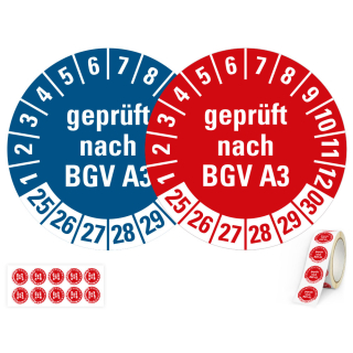 Produkt Hauptbild von 6-Jahres-Prüfplakette geprüft nach BGV A3, rot oder blau, Folie mit Spezialkleber, versch. Jahreszahlen, versch. Durchmesser & Lieferformen