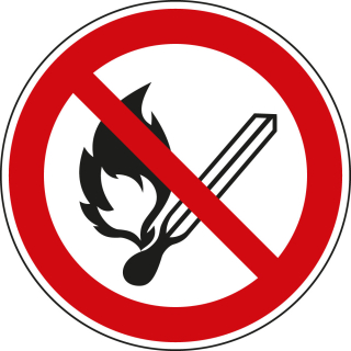 Verbotsschild: Keine offene Flamme, Feuer, offene Zündquelle, ASR/ISO, diverse Materialien & Größen, nur als Einzelstück