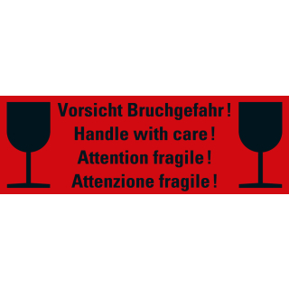 Verpackungsetikett: Bruchgefahr, 4-sprachig, rot, permanentes Haftpapier selbstklebend, 170 mm x 60 mm