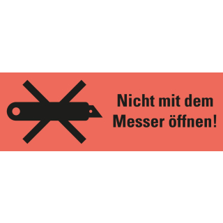 Verpackungsetikett: Nicht mit dem Messer öffnen, versch. Farben, Haftpapier selbstklebend permanent, 147 mm x 50 mm, 250 St./Rolle
