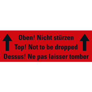erpackungsetikett: Oben! Nicht stürzen, 3-sprachig, versch. Farben und Materialien, 147 mm x 50 mm, 250 St./Rolle