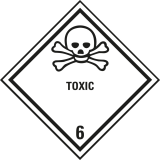 Verpackungskennzeichen: Klasse 6.1 - mit Zusatztext Toxic, IMDG-Code / GGVSEB / ADR / IATA, weiß-schwarz, versch. Materialien und Stückzahlen, 100 mm x 100 mm
