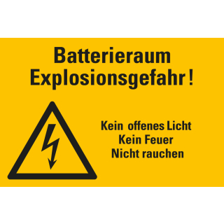 
Warnschild: Batterieraum Explosionsgefahr! Kein offenes Licht, Kein Feuer, Nicht rauchen, Blitzpfeil, Folie oder Kunststoff, 300 mm x 200 mm, nur als Einzelstück
