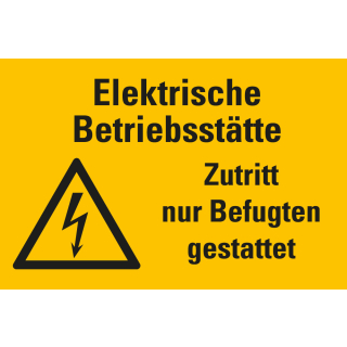 
Warnschild: Elektrische Betriebsstätte! Zutritt nur Befugten gestattet, Blitzpfeil, Folie oder Kunststoff, 300 mm x 200 mm, nur als Einzelstück
