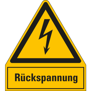 Warnschild: Rückspannung, Blitzpfeil, RoHS konform, ASR/ISO, Folie oder Kunststoff, verschiedene Größen, nur als Einzelstück