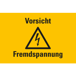 Warnschild: Vorsicht Fremdspannung, Blitzpfeil, RoHS konform, Folie oder Kunststoff, verschiedene Größen, nur als Einzelstück