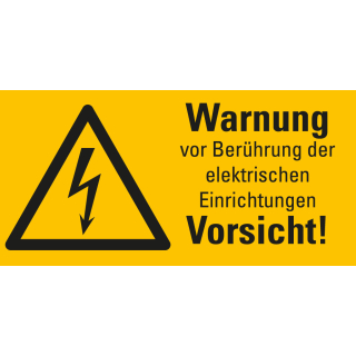 Warnschild: Warnung vor Berührung der elektrischen Einrichtungen, Vorsicht!, Blitzpfeil, RoHS konform, Folie selbstklebend, verschiedene Größen, Einzelstück oder Bogen
