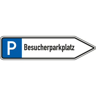 Wegweiser: Besucherparkplatz rechts- oder linksweisend, weiß-blau, DIN 67520, Aluminium RA0 reflektierend
