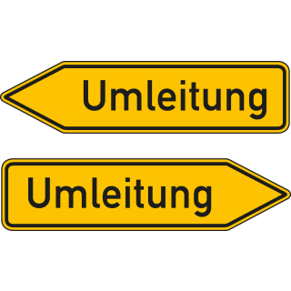 Wegweiser: Umleitung doppelseitig, rechts- oder linksweisend, gelb, DIN 67520, verschiedene Materialien, 1250 mm x 350 mm, nur als Einzelstück