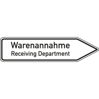 Wegweiser: Warenannahme / Receiving Department 2-sprachig rechtsweisend, weiß, DIN 67520, Aluminium RA0 reflektierend