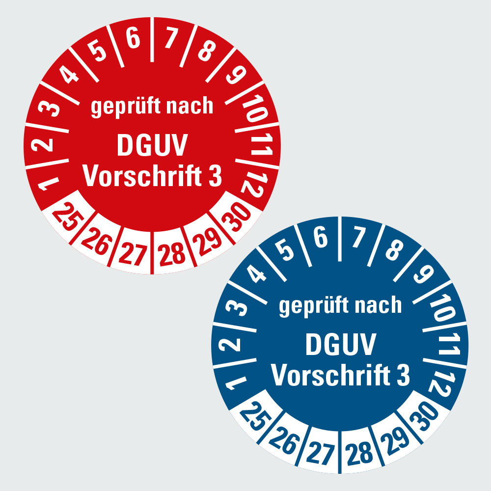 Hauptbild der Prüfplaketten nach DGUV Vorschrift 3: Klicken Sie auf das Bild, um zur Seite des Vaterartikels zu gelangen.