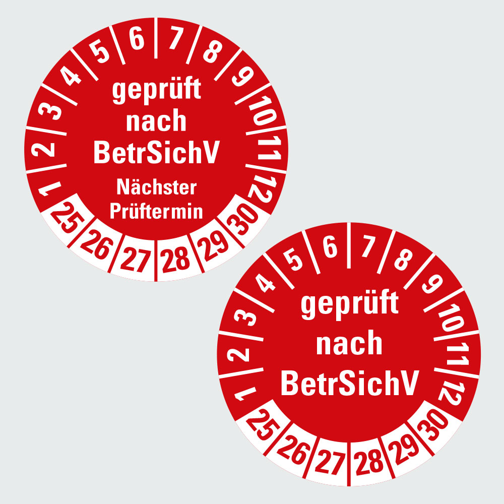 Hauptbild der Prüfplakette 'Geprüft nach BetrSichV': Klicken Sie auf das Bild, um zur Produktliste zu gelangen.