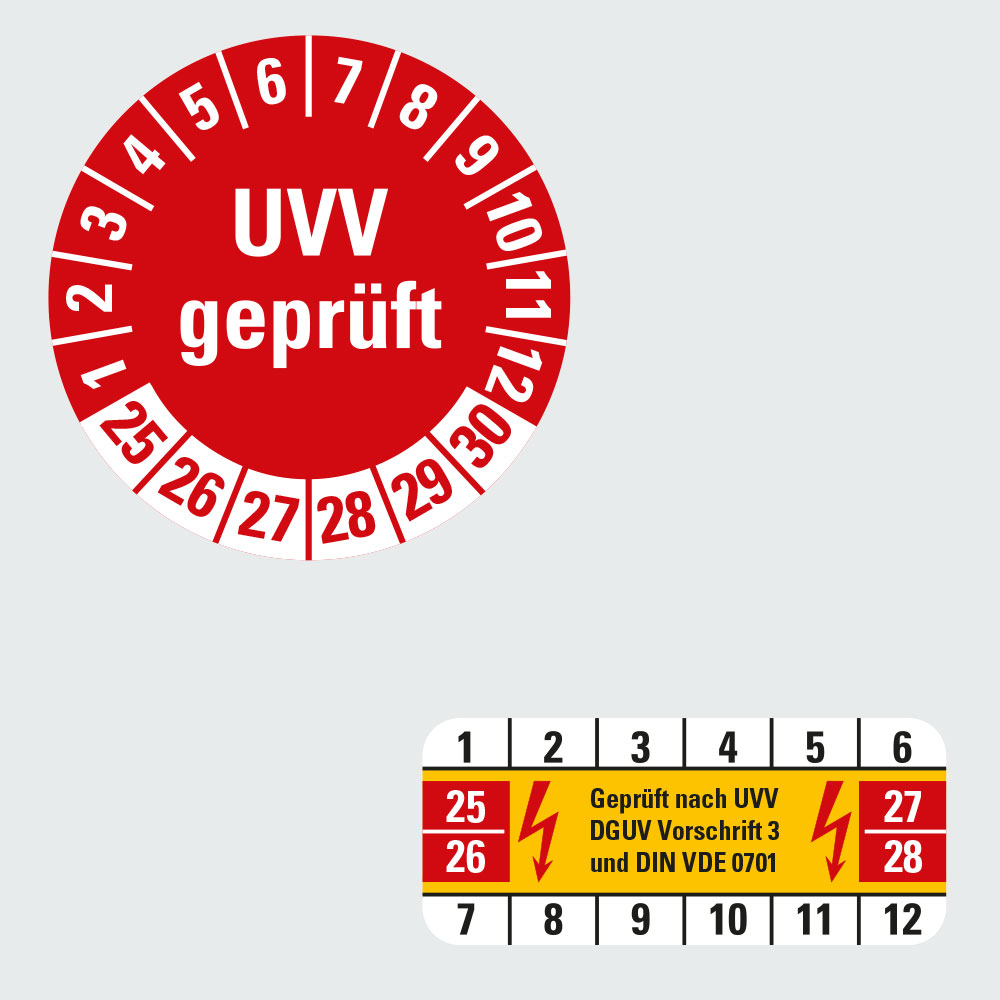Hauptbild der Prüfplakette 'Geprüft nach UVV': Klicken Sie auf das Bild, um zur Produktliste zu gelangen.