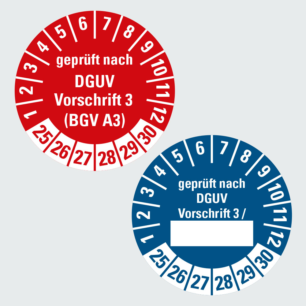 Hauptbild der Prüfplaketten nach TRBS, BGV & weitere DGUV Vorschriften: Klicken Sie auf das Bild, um zur Seite des Vaterartikels zu gelangen.