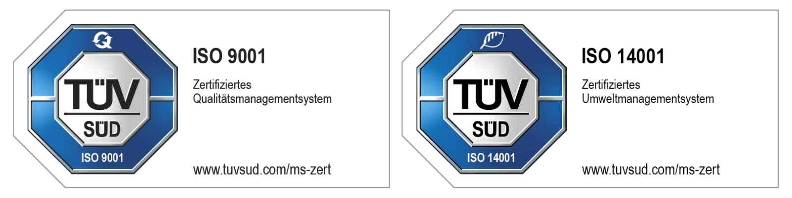 TÜV Logo, ISO 9001, ISO 14001: Klicken Sie auf das Bild, um das Zertifikat zu erfahren.