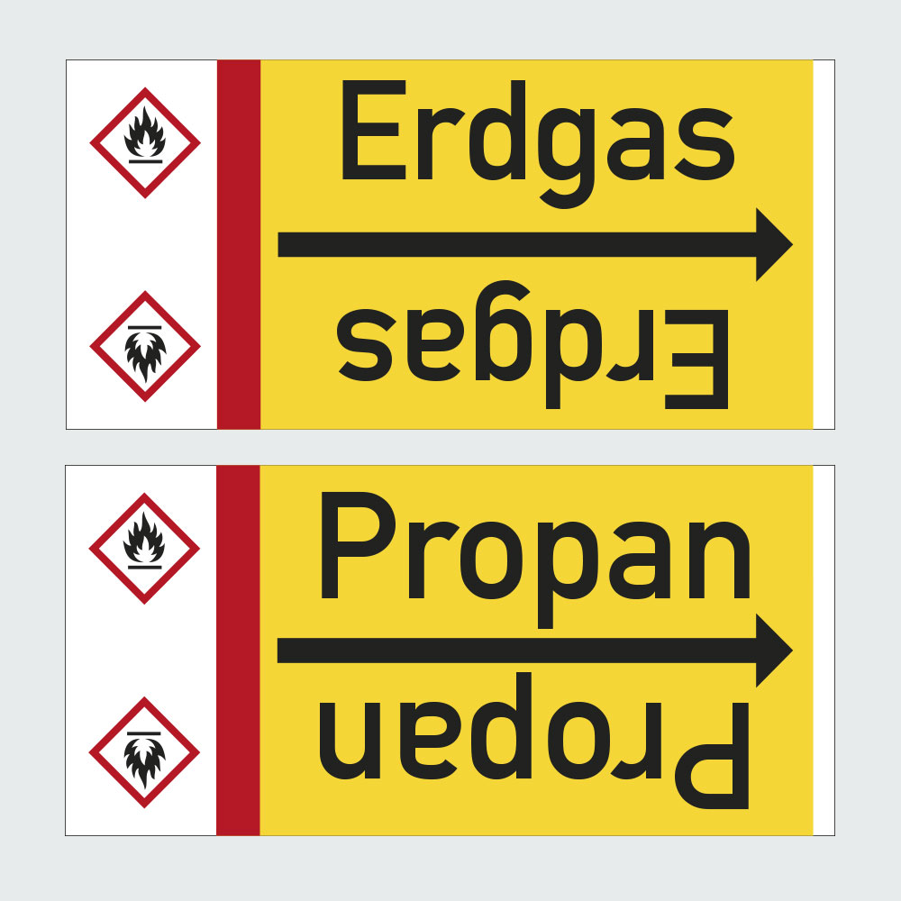 Hauptbild der Kategorie Rohrleitungskennzeichen Durchflussstoff Brennbare Gase: Klicken Sie auf das Bild, um zur Produktliste zu gelangen.